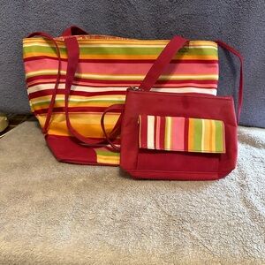 Lancôme  Striped Multicolor Tote and Red Pouch Set